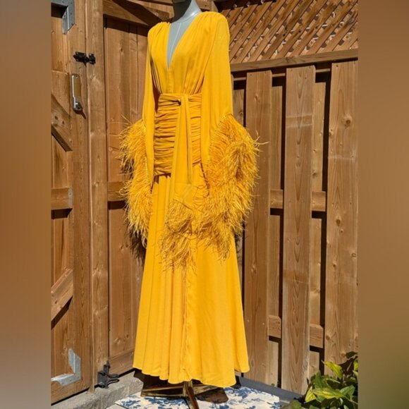 🆕 BRONX & BANCO 🧿 NWOT Geisha Feather-Trim Maxi Dress, Mustard - Sz S US 4 - Picture 10 of 15